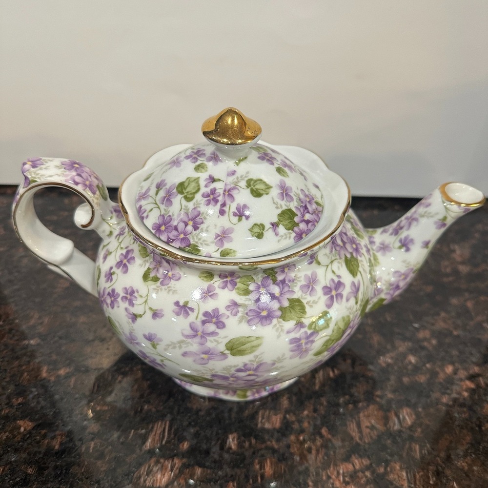 Victorias Garden Purple Violets Floral Porcelain Teapot Gold Trim China Glossy